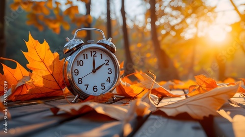 a golden alarm clock on a table near fall leaves