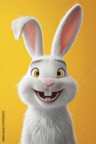 Cute white Easter bunny smiling on yellow background