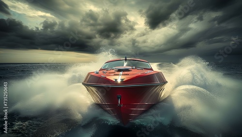 Dynamic speedboat racing through ocean spray, high speed and adrenaline rush on water. vivid, action-packed marine adventure. AI © Irina Ukrainets