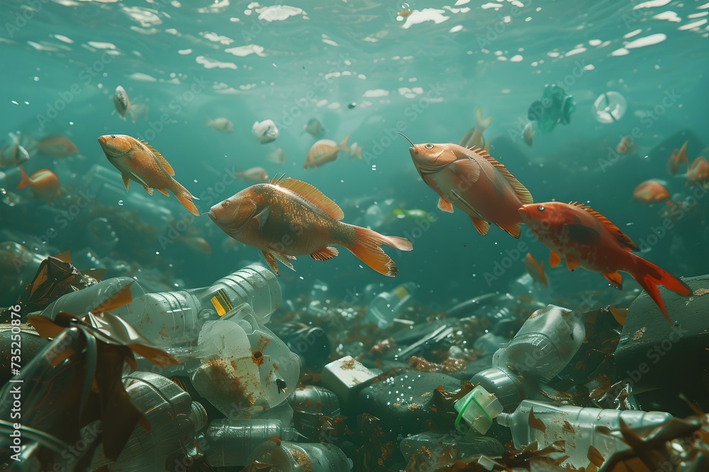 Underwater scene with fish swimming among plastic pollution. environmental issues. conceptual image highlighting ocean trash. AI Underwater scene with fish swimming among plastic pollution. environmental issues. conceptual image highlighting ocean trash. AI