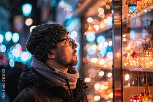 A solitary man stands outside a brightly lit building on a winter night, his face obscured by the reflection of the city lights in the window as he contemplates the world outside