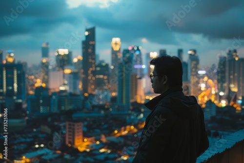 A solitary figure gazes up at the illuminated city skyline, the towering buildings reaching towards the night sky, creating a breathtaking metropolis that embodies the endless possibilities of urban 
