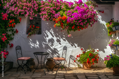 Typical Andalusian patio with tables, chairs and flowers