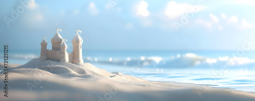 Sand castle on the ocean beach close up photo. Summer kids holidays on the sea side, sea coast. Concept of summer vacation for postcard, banner, poster, advertisement with copy space.