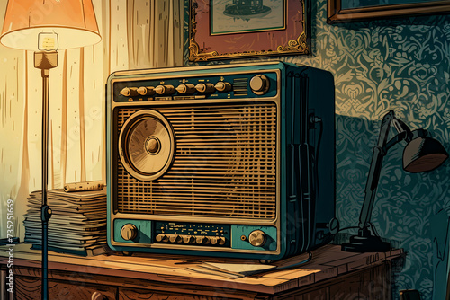Vintage radio in pop art illustration style