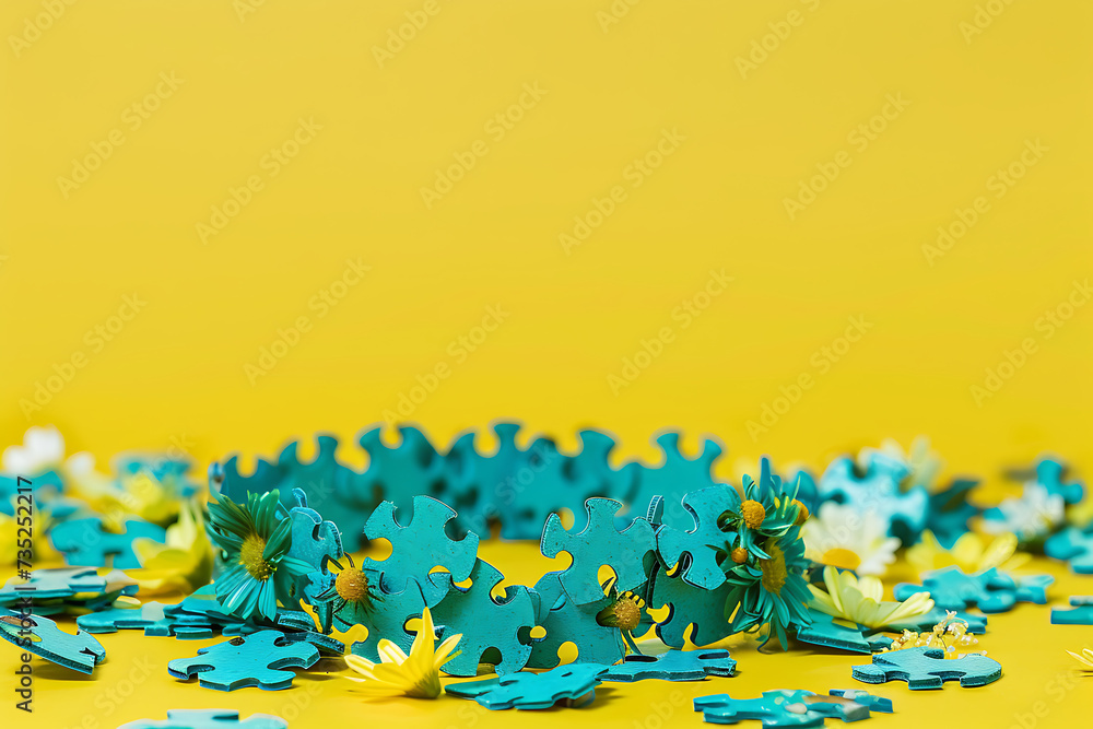tiaras of green jigsaw pieces spread over yellow surf