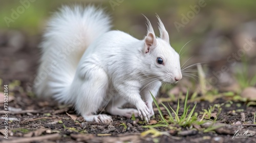 A rare white squirrel scurries across the grassy field, its bushy tail twitching with wild energy as it navigates the outdoor terrain with grace and curiosity