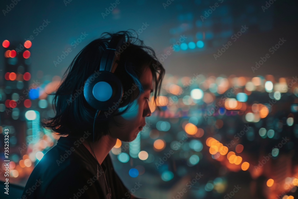 A solitary figure, lost in the rhythm of their music, gazes out into the dark cityscape beyond the illuminated window A solitary figure, lost in the rhythm of their music, gazes out into the dark cityscape beyond the illuminated window