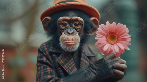 Funny monkey with flowers congratulates on the holidays.