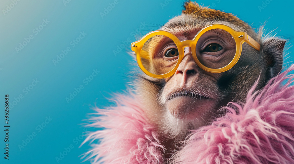 Glamorous monkey with yellow glasses and faux fur coat with the warm blue background Glamorous monkey with yellow glasses and faux fur coat with the warm blue background