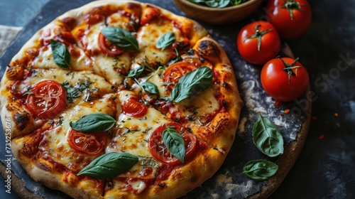 Neapolitan Pizza with mozzarella cheese, tomatoes and basil on a wooden board. Neapolitan. Cheese Pull. Neapolitan Pizza on a Background with copyspace.