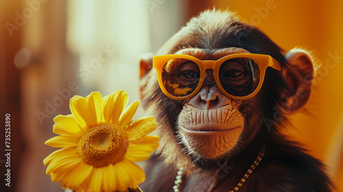 Funny monkey with flowers congratulates on the holidays.