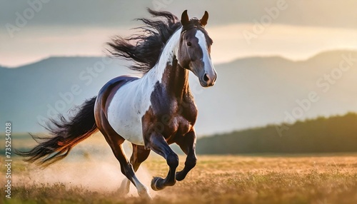 Powerful horse galloping across open field at dawn, capturing its strength and freedom