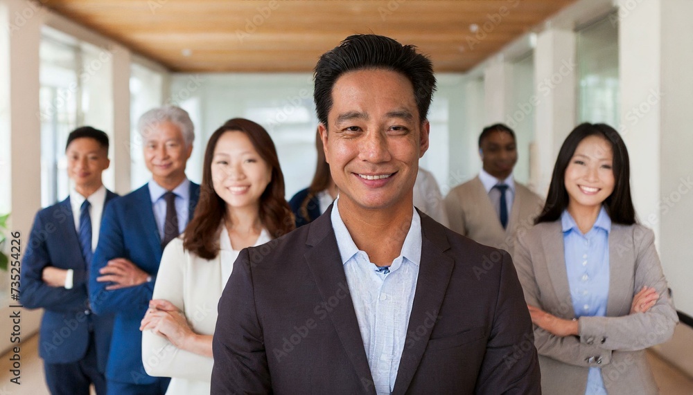  business men and women of all ages, all genders and all cultures looking at the camera