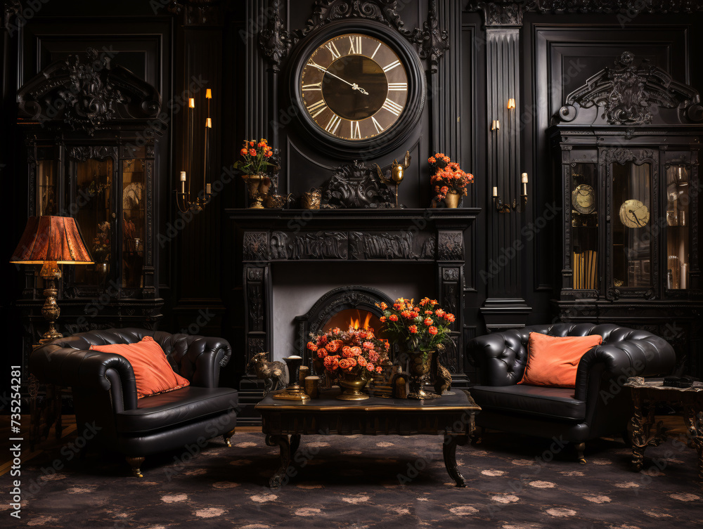 Interior of gothic living room with big clock
