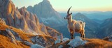 a goat standing on rocks with mountains in the background