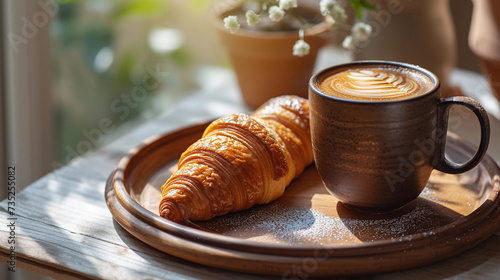 Morning coffee with a croissant on a tray