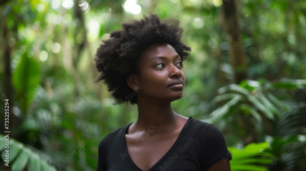 A mysterious woman in a black shirt stands among the trees, her face hidden yet her presence commanding in the serene forest A mysterious woman in a black shirt stands among the trees, her face hidden yet her presence commanding in the serene forest
