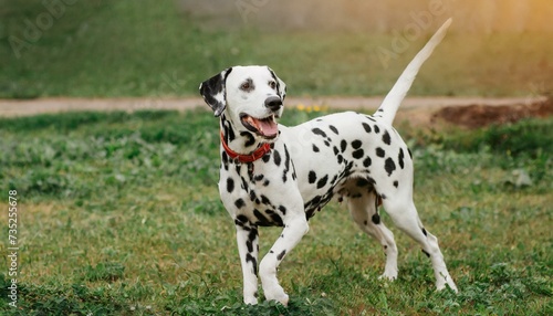 A dalmatian dog playing on the green grass  cute black and white