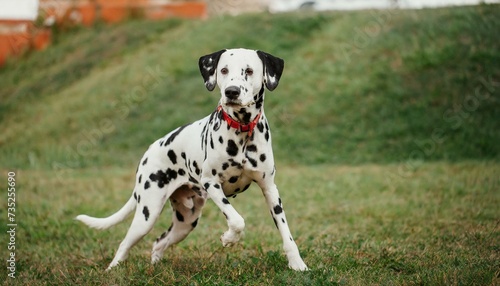 A dalmatian dog playing on the green grass  cute black and white