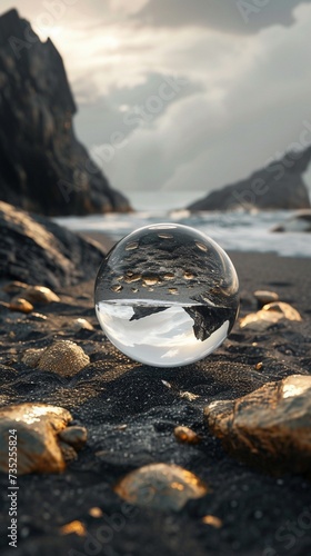 A glass ball on a beach with rocks generated by ai