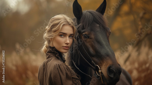 A romantic scene. Beautiful woman with black horse.