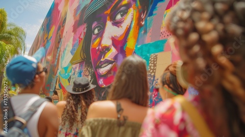 A diverse group of women gather outdoors, their stylish clothing contrasting against the colorful mural before them, captivated by the powerful human faces and vibrant paintings that depict a story o © ChaoticMind