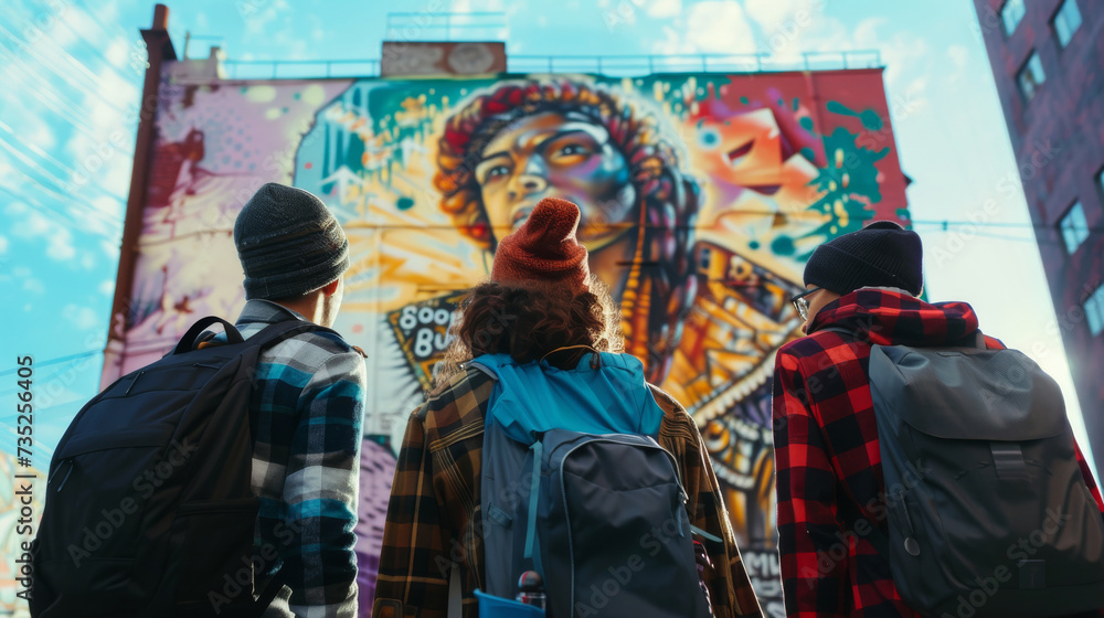 A diverse group of individuals, bundled up in jackets against the chill of the street, gaze in awe at the vibrant colors and intricate details of a larger-than-life mural, painted against the backdro