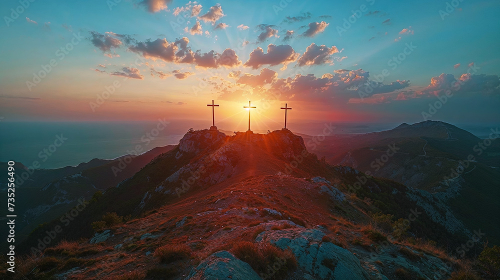 Three crosses up on a hill at sunset, Crucifixion of Jesus Christ concept Three crosses up on a hill at sunset, Crucifixion of Jesus Christ concept