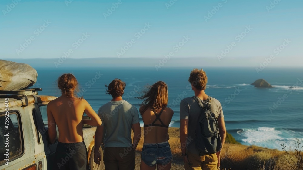 A diverse group of travelers, dressed in outdoor clothing, stand in awe at the edge of the beach, gazing out at the vast expanse of the ocean and sky, with a mountainous backdrop, as they prepare to 