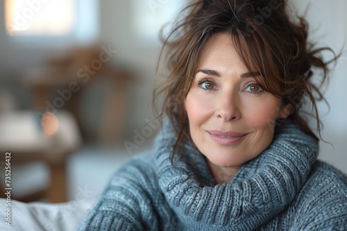 A warm portrait capturing the essence of a middle-aged woman with brown hair, clad in a cozy sweater, in the comfort of her home, radiating a sense of familiarity and tranquility