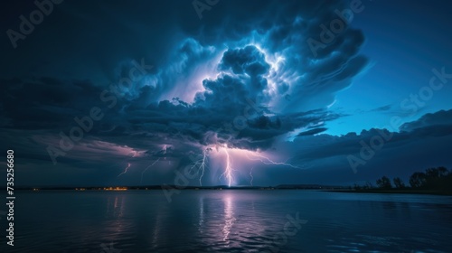 view of blue clouds with thunderstorm over the lake