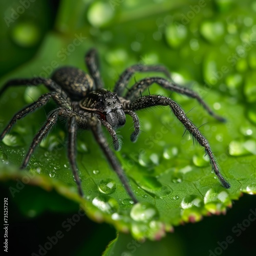 closeup of a black spider on green leaf