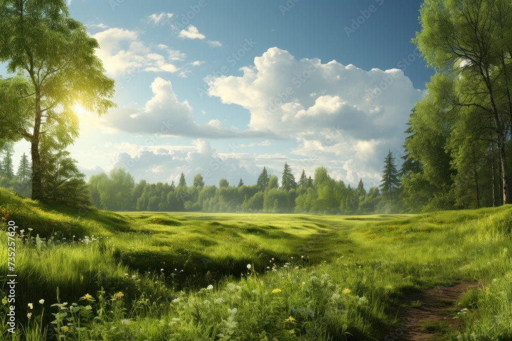 A grassy field with rows of trees under a clear sky. A grassy field with rows of trees under a clear sky.
