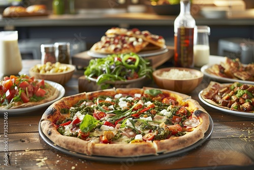 Rustic ambiance meets culinary delight as a savory pizza is complemented by an array of side dishes, presented on a wooden counter with a naturalistic flair