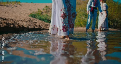 East Slavic celebration of summer solstice, closeup view of legs in river water, 4K, Prores