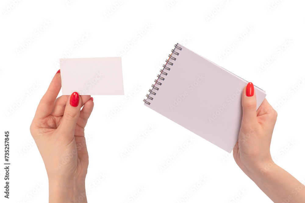 Obraz premium Empty card in woman hand with red nails isolated on a white background.