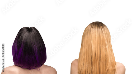 Woman backside, beautiful woman with purple hair isolated on a white.