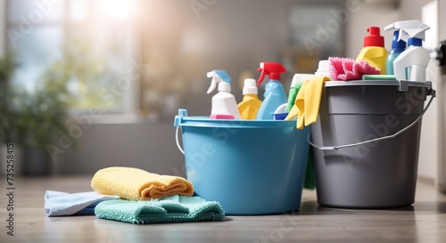 Bucket and various cleaning supplies on a blurred background