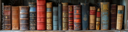 photo panoramique d'une étagère remplie de livres anciens colorés et de vases avec plantes