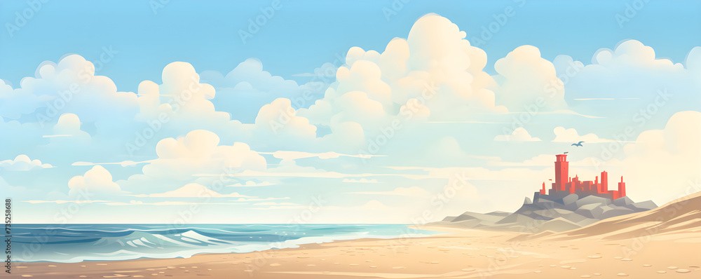 Castle on a mountain above the ocean flat cartoon landscape illustration. Vacations, holidays on the sea side, sea coast. Concept of summer vacation for postcard, banner, poster, ads with copy space.