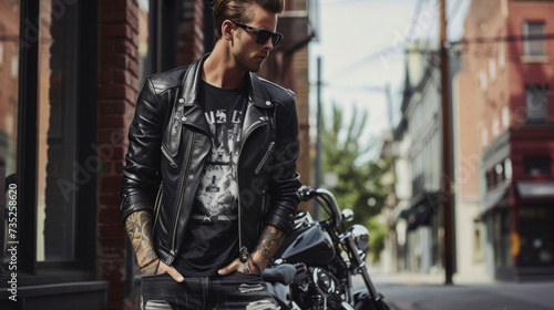 A bad biker vibe with a black leather jacket ripped jeans and a graphic tee.