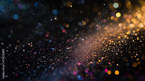 colorful iridescent glitter particles on black background