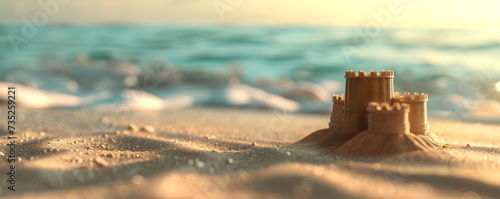 Close up photo of sand castle on the ocean beach on sunset. Summer kids holidays on the sea side, sea coast. Concept of summer vacation for postcard, banner, poster, advertisement with copy space.