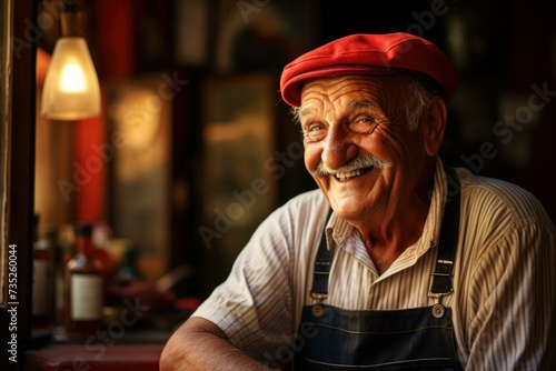 Photo of Italian old man smiling. Happy elderly man. Generate ai