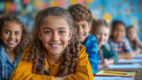 Students doing a creativity project with their teacher in a classroom. Group of primary school children learning how to draw and colour with the help of their educator  generative ai