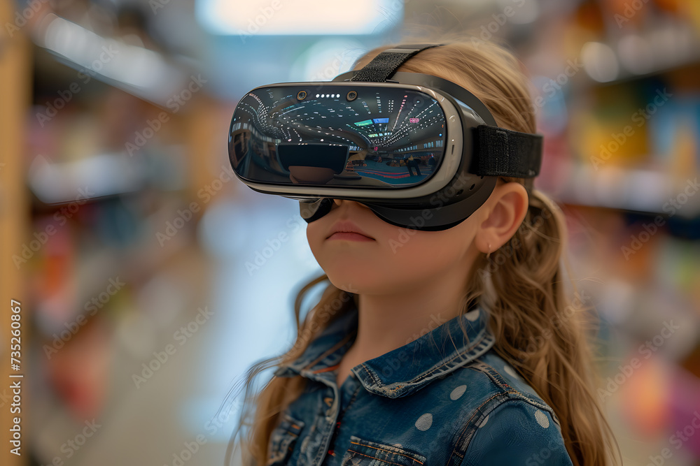 Little girl in a supermarket wearing VR glasses. Children and modern technology concept Little girl in a supermarket wearing VR glasses. Children and modern technology concept