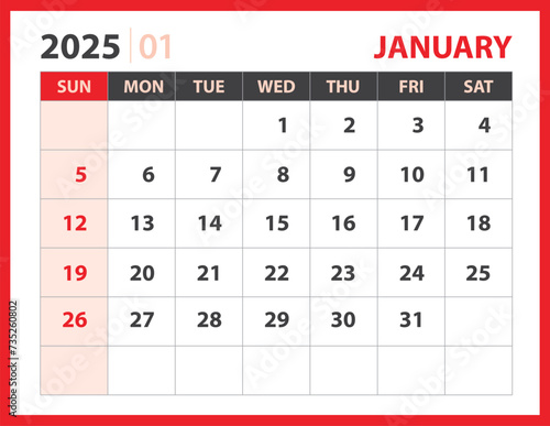 January 2025 template, Calendar 2025 design vector, planner layout, Week starts Sunday, Desk calendar 2025 template, Stationery. Wall calendar on red background, vector eps 10