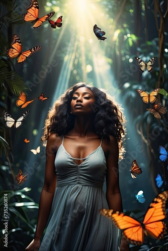 A darkskinned woman in a tropical misty forest surrounded by butterflies in a ray of light - enjoyment of nature, beauty, feminine energy, femininity, magical radiance, unity with nature. 