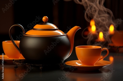 teapot, chocolate, orange and steaming milk